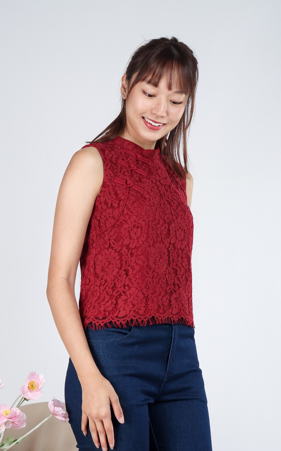 Harmony Lace Cheongsam Top - Burgundy