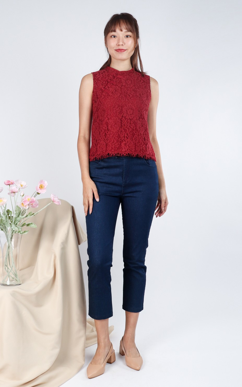 Harmony Lace Cheongsam Top - Burgundy