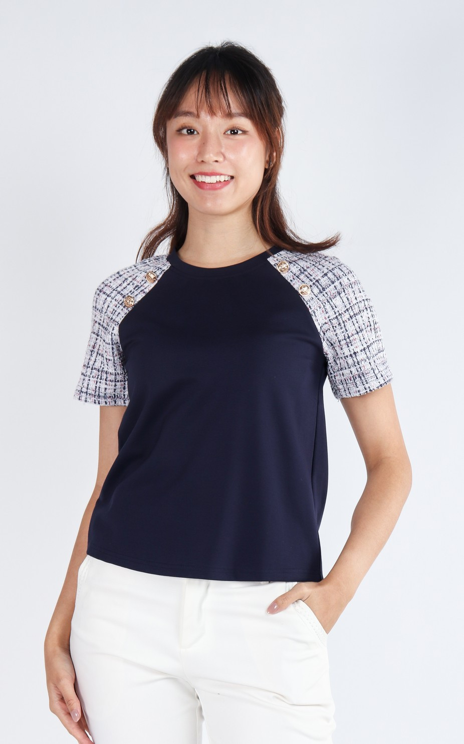 Kelsea Tweed Sleeves Top - Navy