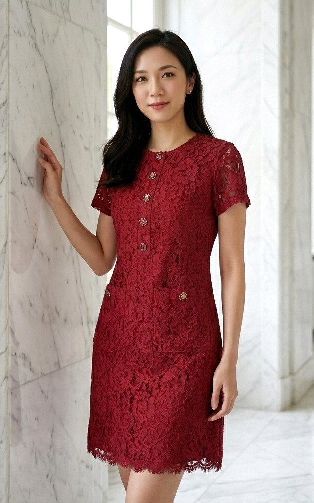 Harmony Lace Sleeved Dress - Red