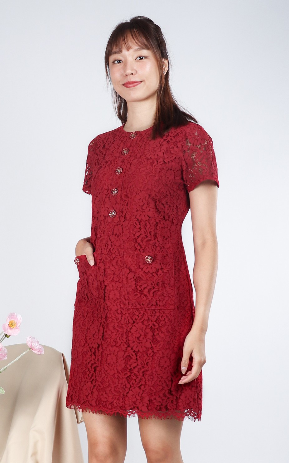 Harmony Lace Sleeved Dress - Red
