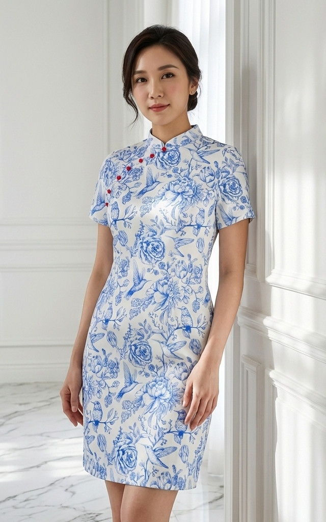 Lunar Porcelain Sleeved Cheongsam - Blue
