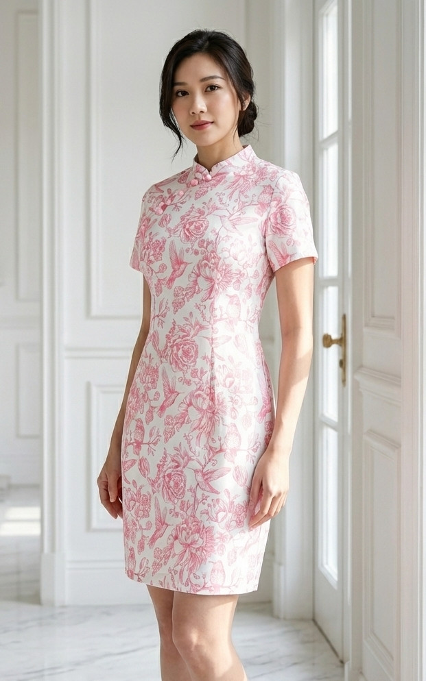 Lunar Porcelain Sleeved Cheongsam - Pink