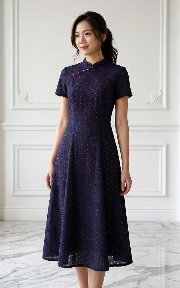 Luella Sleeved Eyelet Midi Cheongsam - Navy