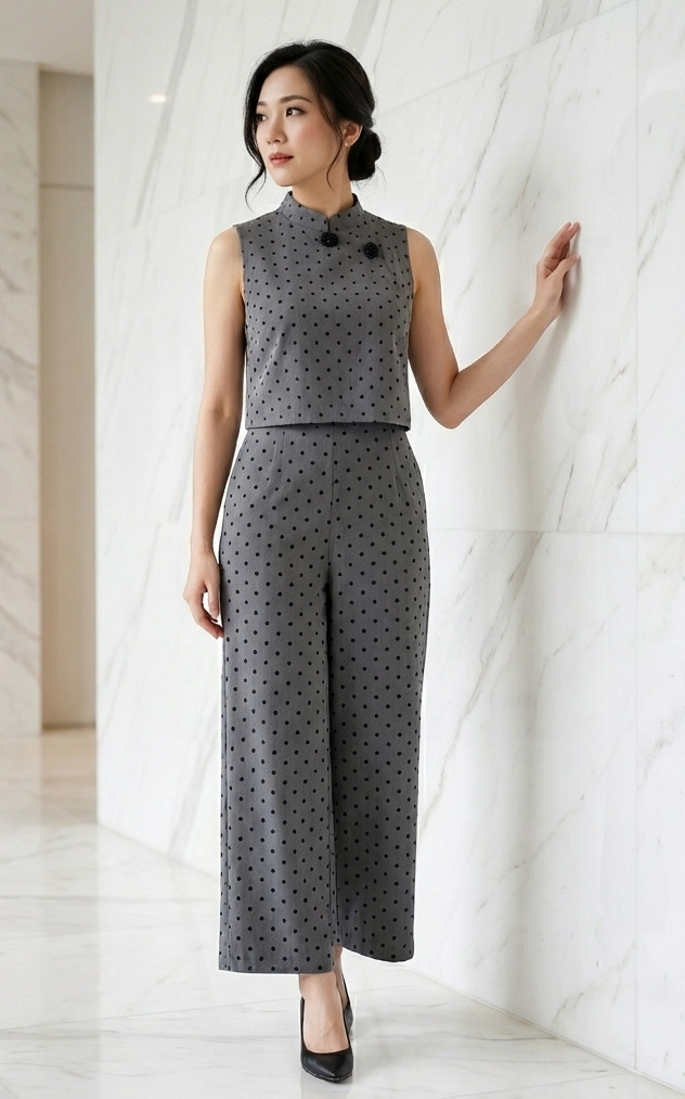 Aria Polka Cheongsam Jumpsuit - Grey