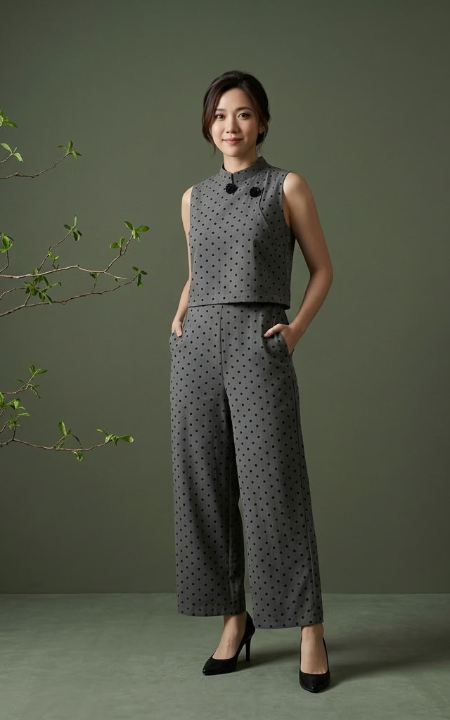 Aria Polka Cheongsam Jumpsuit - Grey