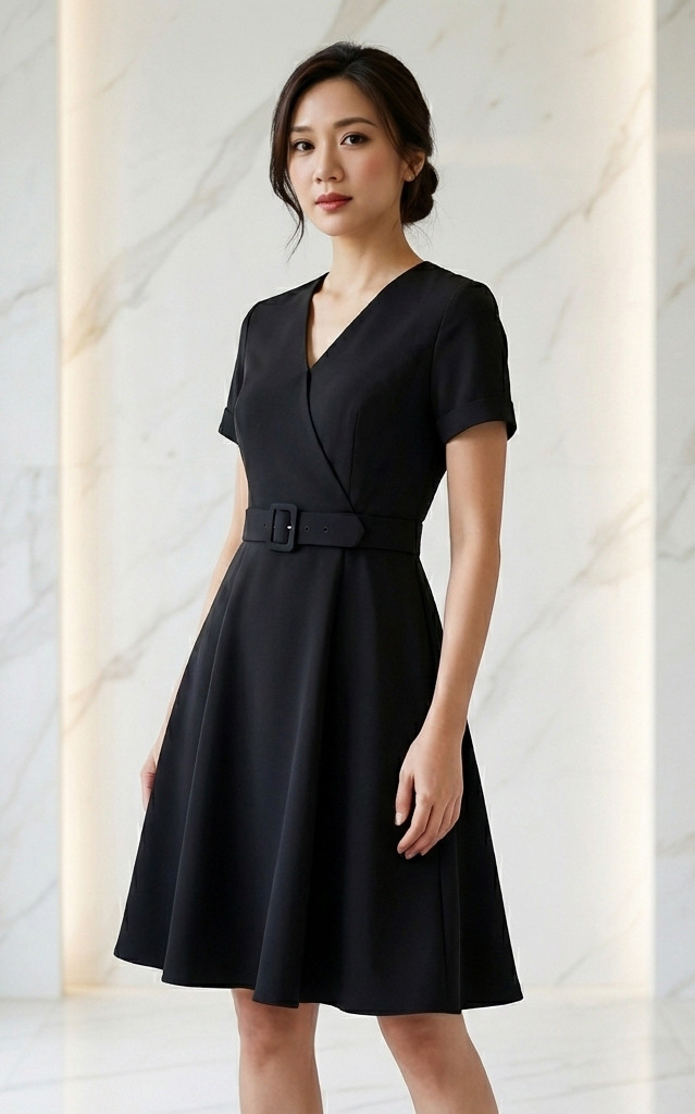 Ava V-Neck Sleeved Dress - Black