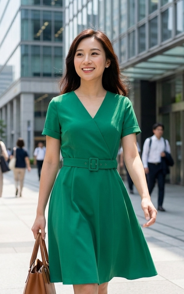 Ava V-Neck Sleeved Dress - Green