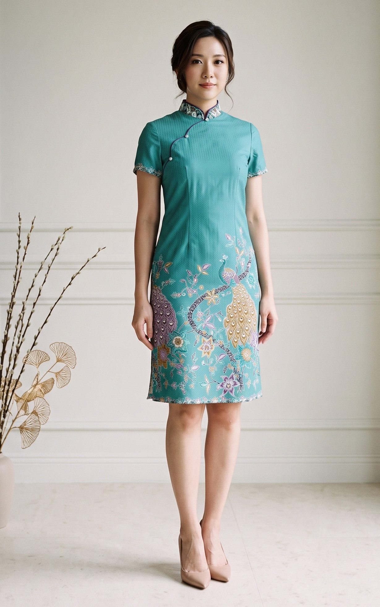 Jardin Peacock Batik Cheongsam Dress - Teal