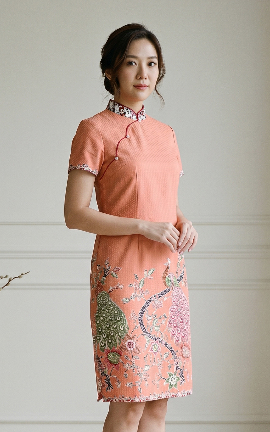 Jardin Peacock Batik Cheongsam Dress - Coral