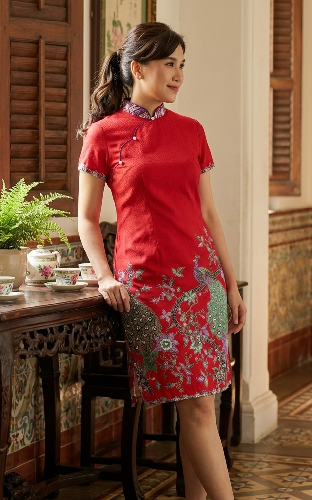 Jardin Peacock Batik Cheongsam Dress - Red
