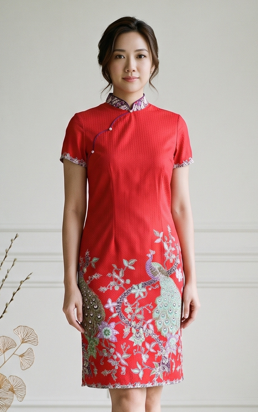 Jardin Peacock Batik Cheongsam Dress - Red