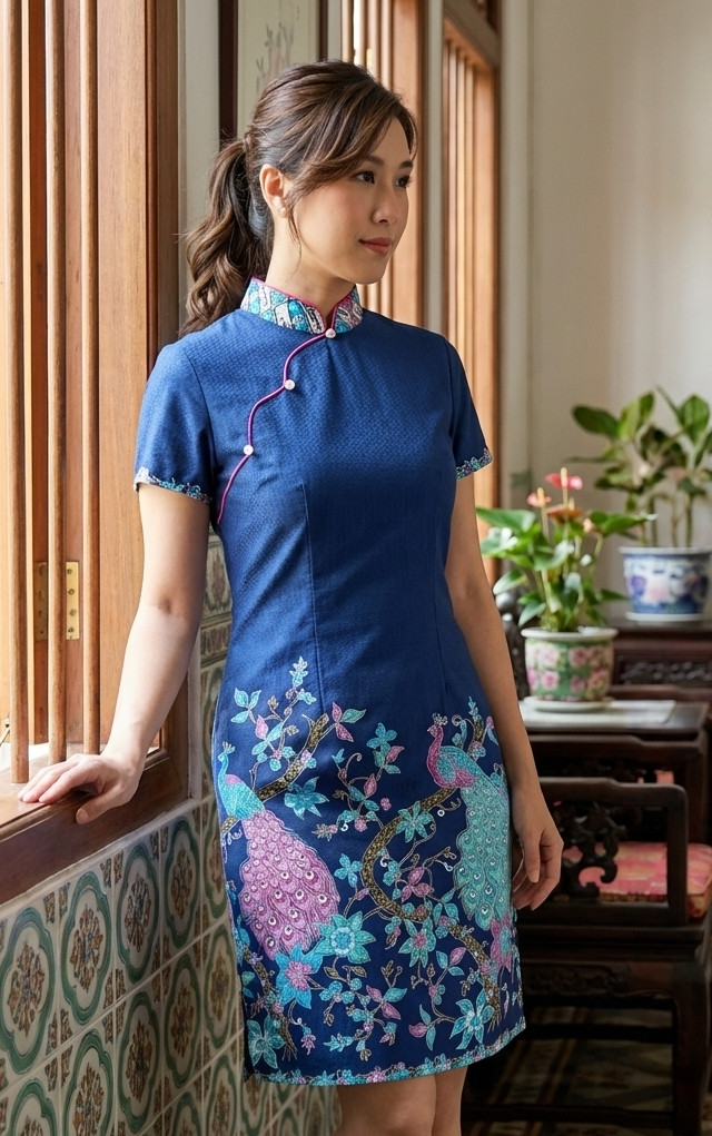Jardin Peacock Batik Cheongsam Dress - Navy
