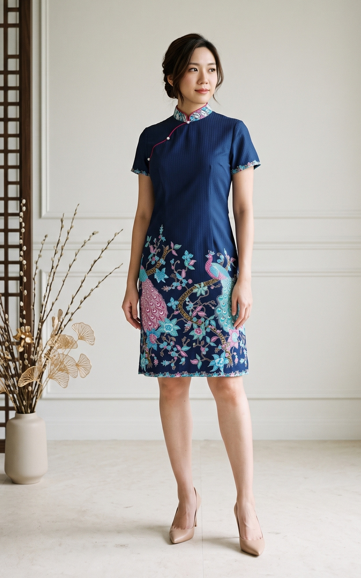 Jardin Peacock Batik Cheongsam Dress - Navy