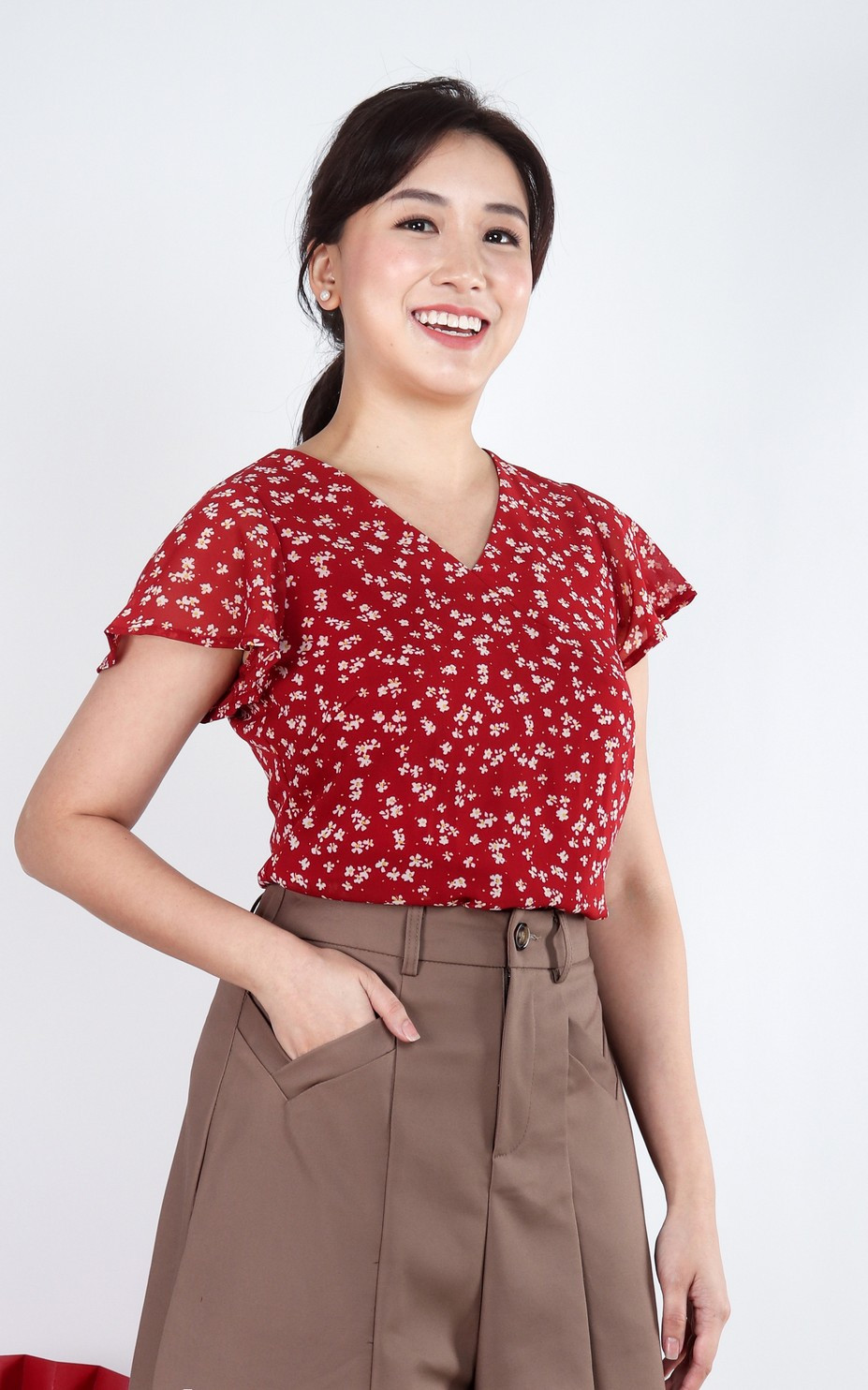 Mirage Flutter Sleeves Chiffon Top - Red