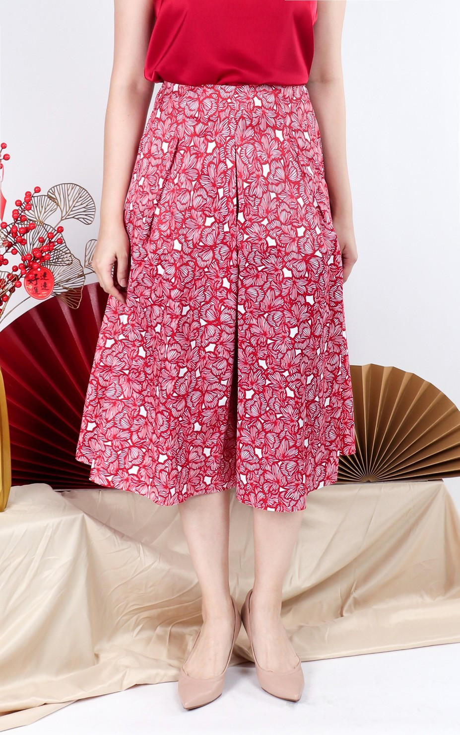 Andrea Printed Wide Leg Culottes - Red