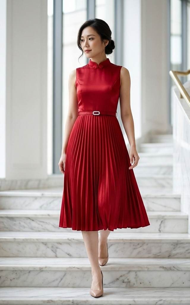 Athena Satin Pleated Cheongsam Dress - Burgundy