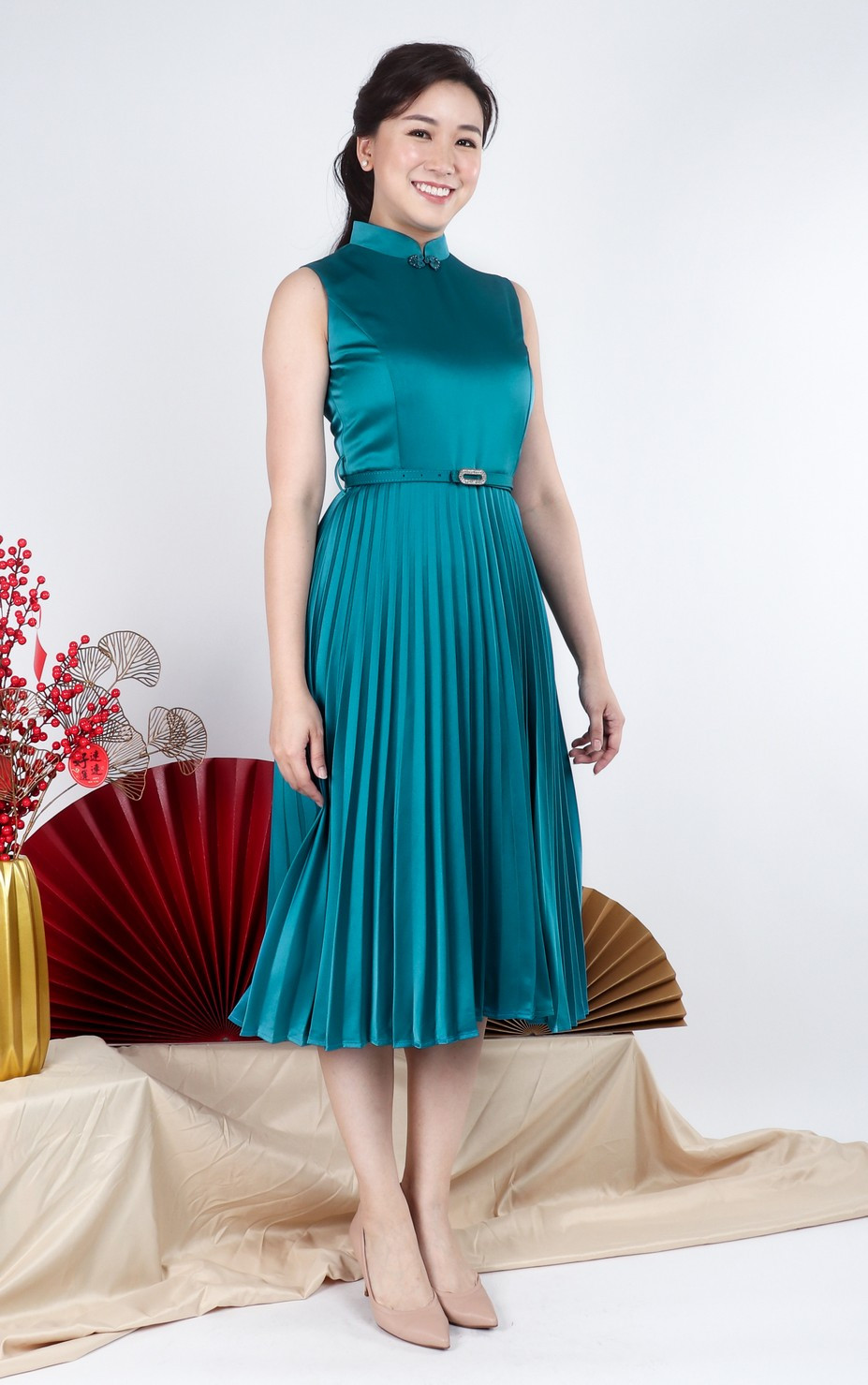 Athena Satin Pleated Cheongsam Dress - Teal