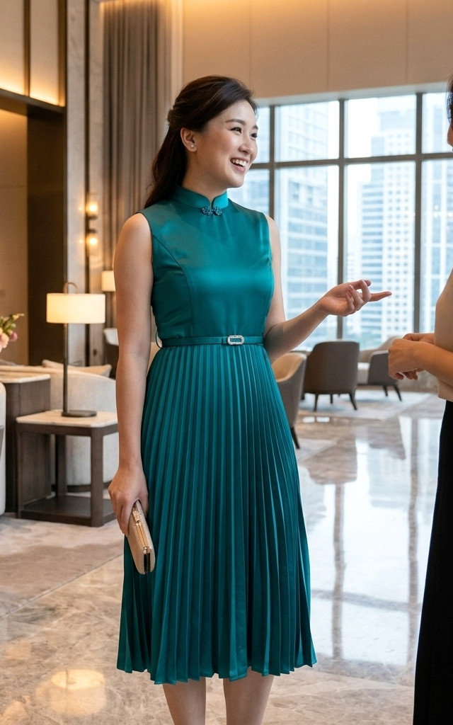 Athena Satin Pleated Cheongsam Dress - Teal