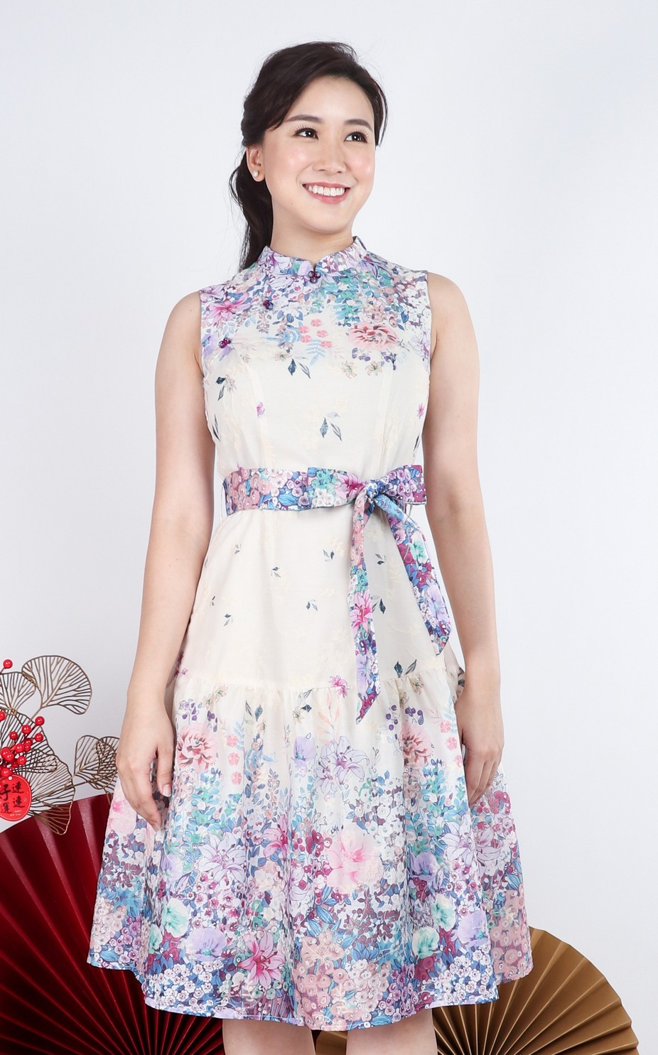 Akemi Embroidered Cheongsam Dress - Cream/Multi