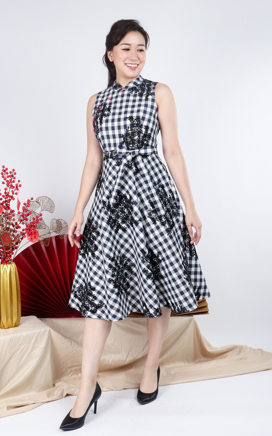 Kasie Checkered Cheongsam Dress - Midnight Blue