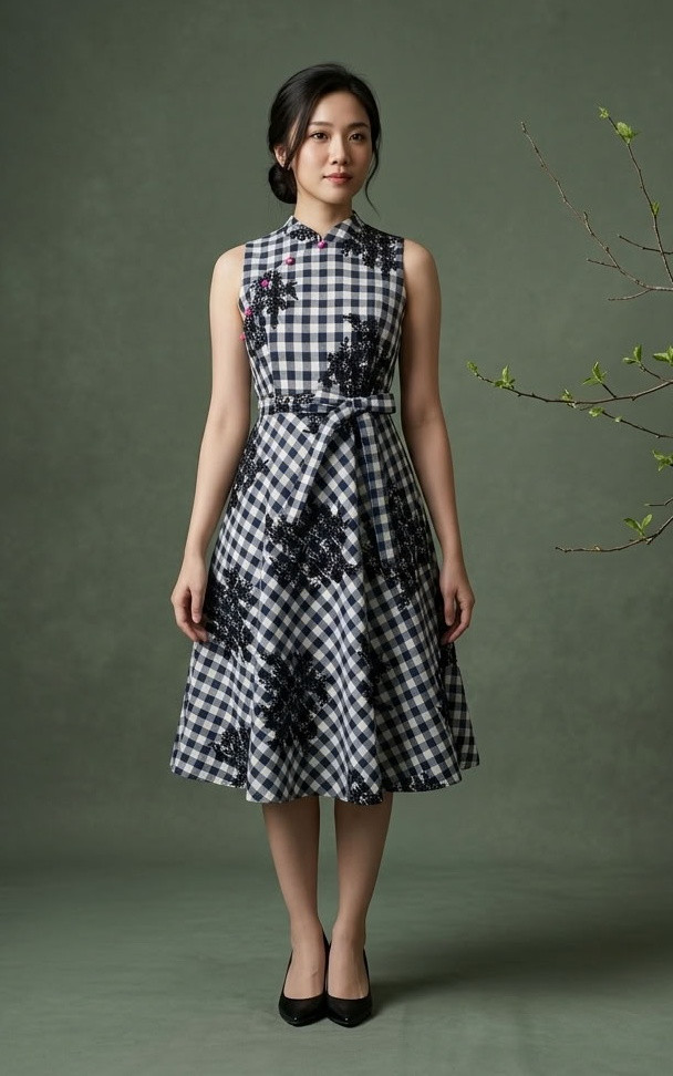 Kasie Checkered Cheongsam Dress - Midnight Blue