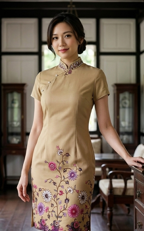 Joyous Batik Bloom Cheongsam - Sand