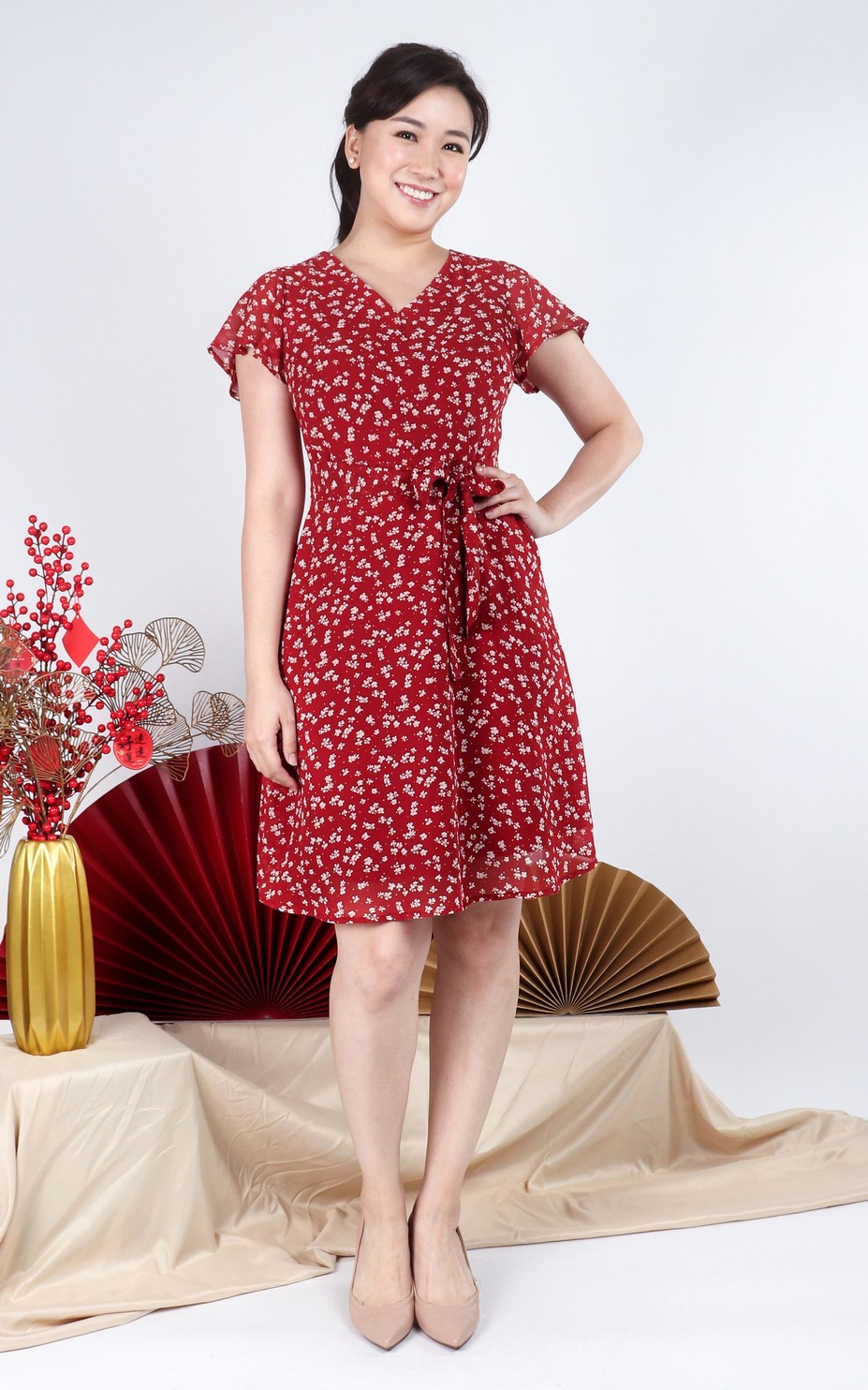 Mirage Printed Chiffon Dress - Red 