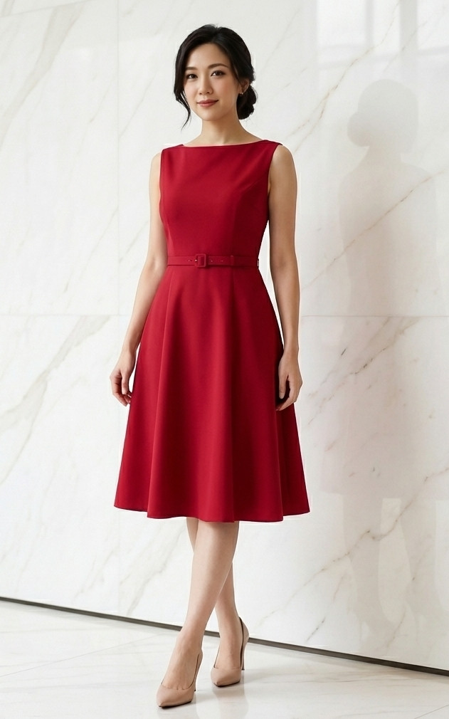 Laura Boat Neck Work Dress - Crimson