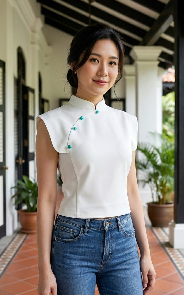 Ethereal Structured Shoulder Cheongsam Top - White