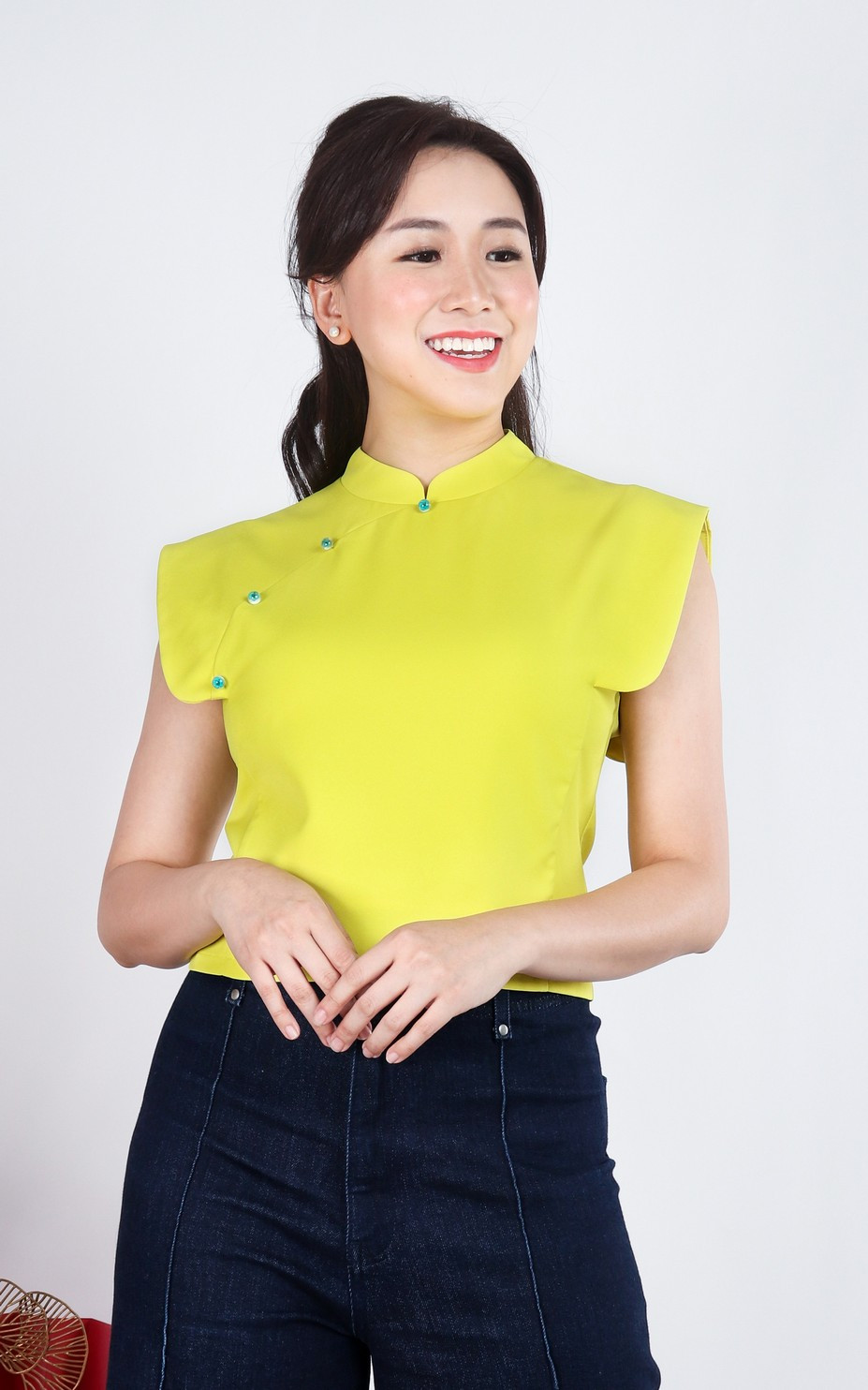 Ethereal Structured Shoulder Cheongsam Top - Neon Yellow