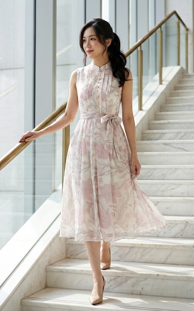 Christine Chiffon Cheongsam Dress - Cream