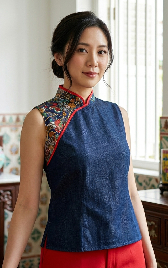 Heidi Contrast Denim Cheongsam Top - Red