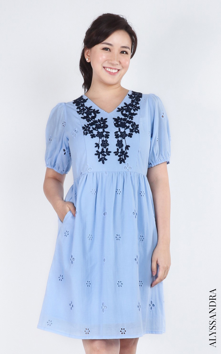 Claudette Floral Motif Eyelet Dress - Cornflower Blue