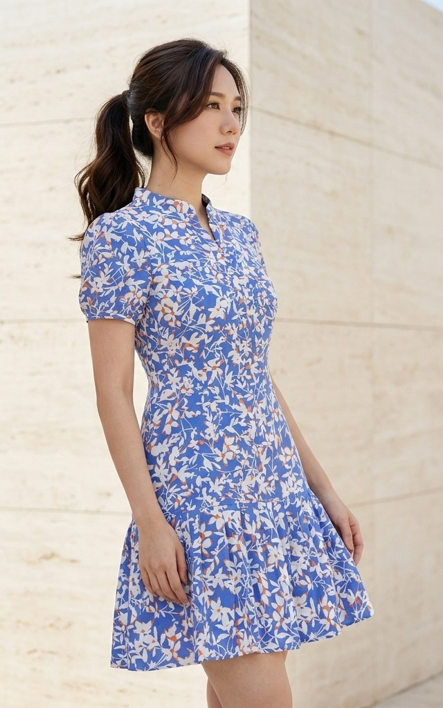 Poise Mandarin Collar Printed Dress - Blue