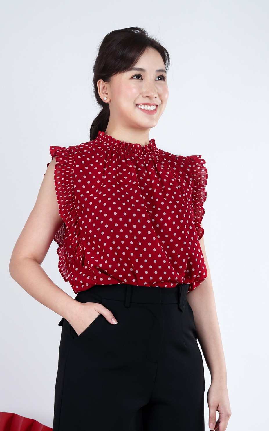 Elarisse Polka Dot Frills Top - Burgundy