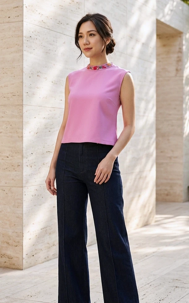 Courtney Contrast Collar Structured Top - Pink