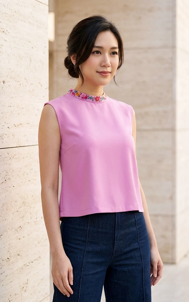 Courtney Contrast Collar Structured Top - Pink