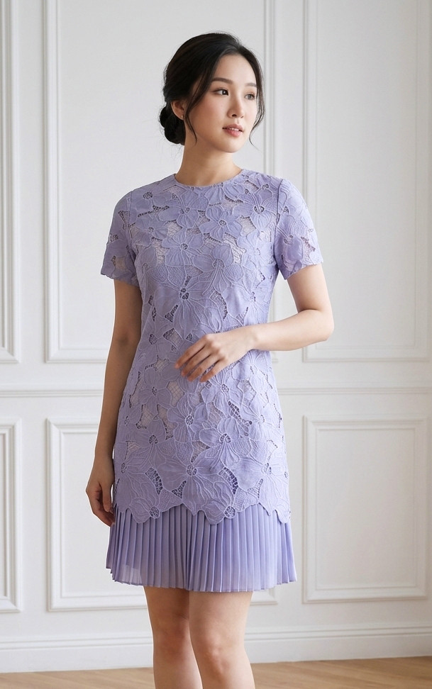 Thalia Crochet Pleated Hem Dress - Lilac