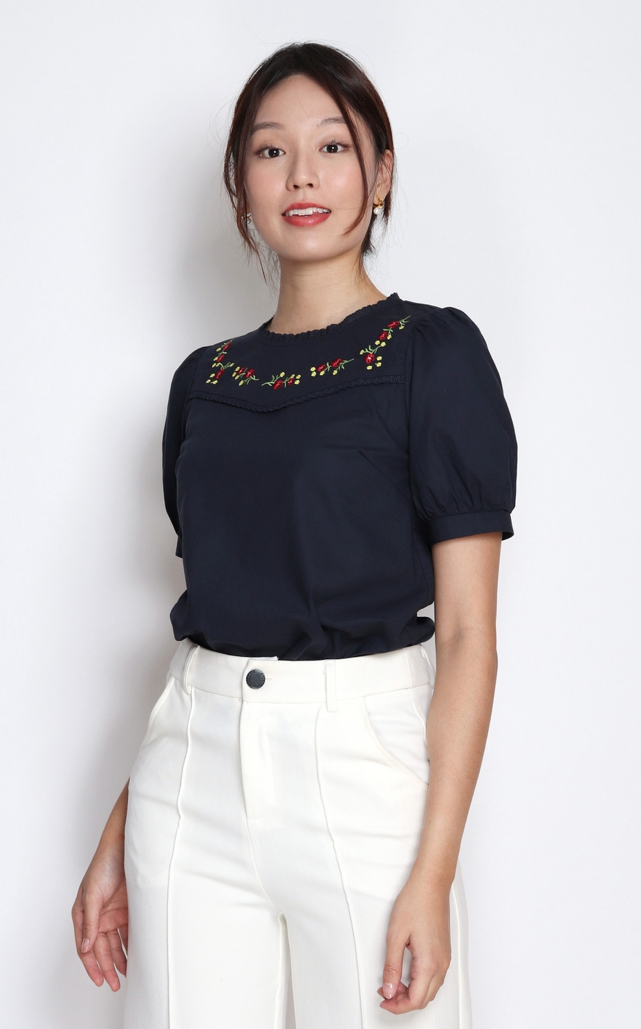 Sienna Floral Embroidery Blouse - Navy