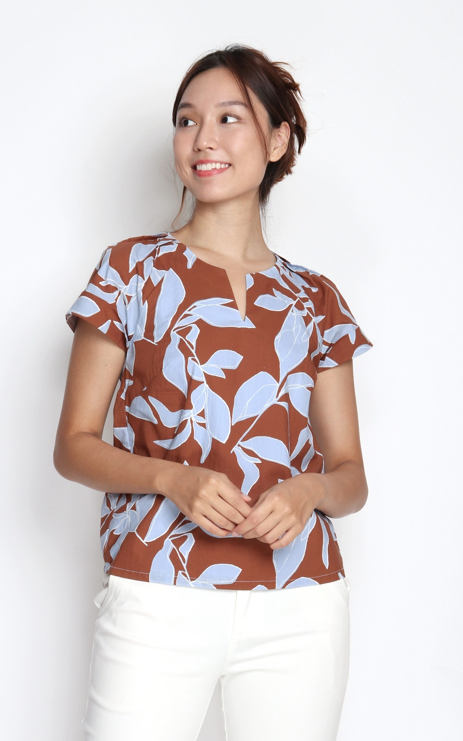 Lucia Leaf Print Notch Neck Top - Brown