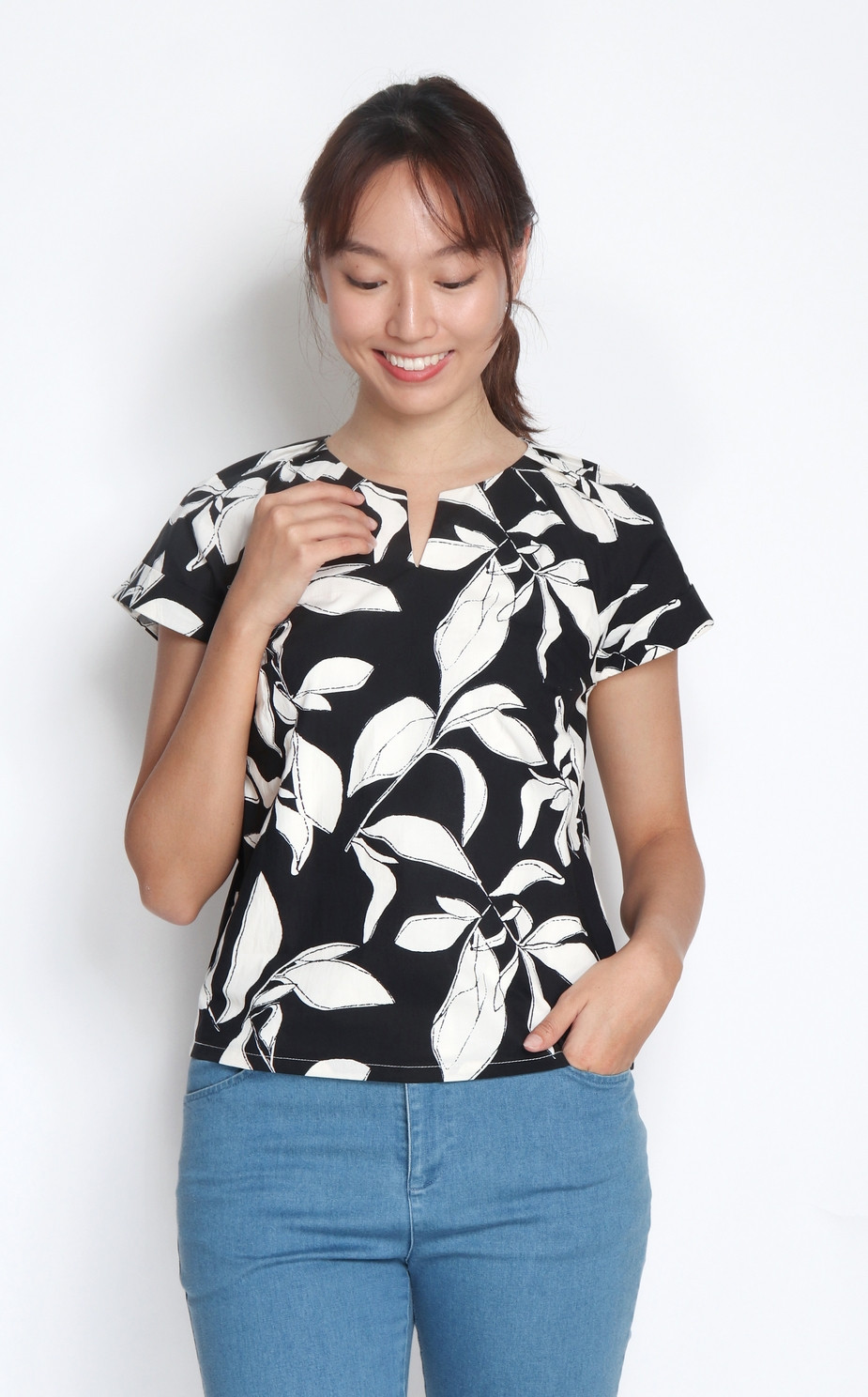 Lucia Leaf Print Notch Neck Top - Black
