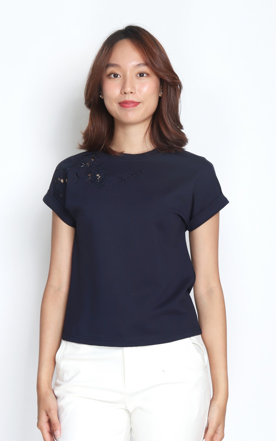 Josiah Eyelet Detail Tee Top - Navy