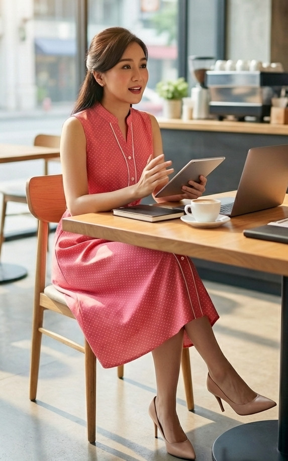 Hannah Polka Dot Notch Neck Dress - Pink