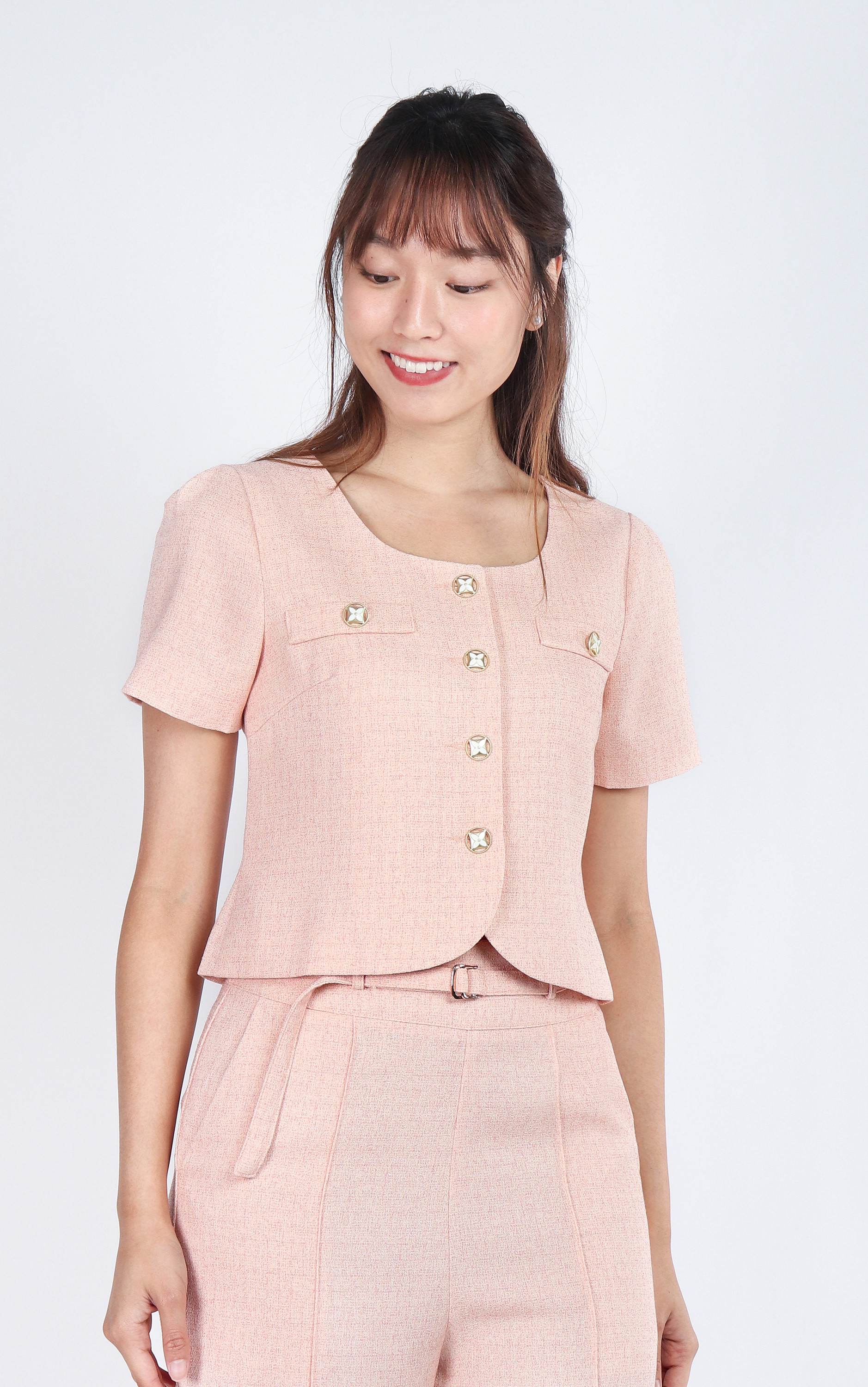 Kylee Button Down Sleeved Crop Top - Peach Pink