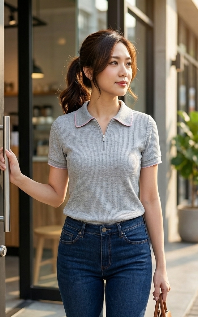 Kiley Ribbed Collar Top - Grey