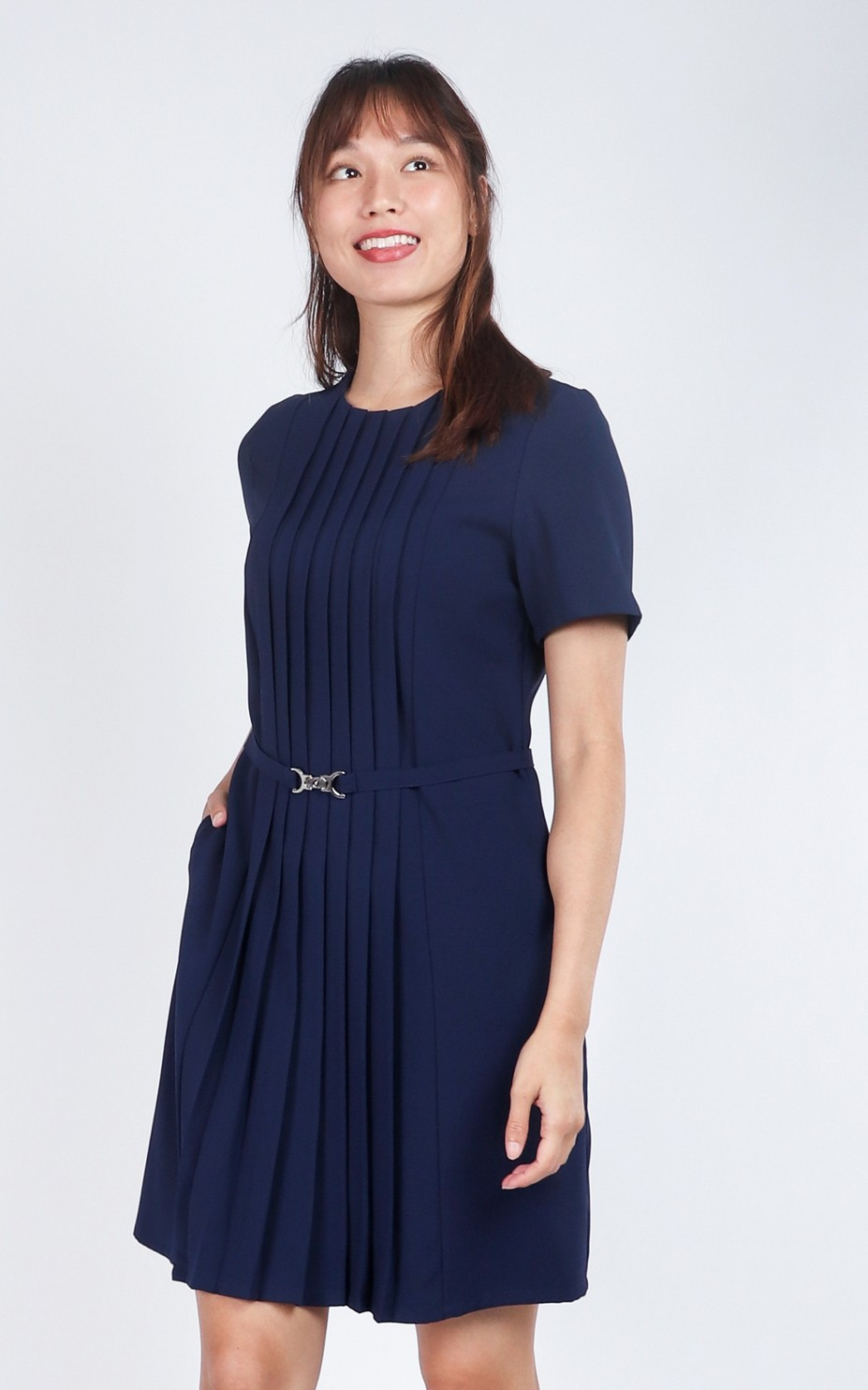 Marcia Sleeved Pleated Dress - Navy