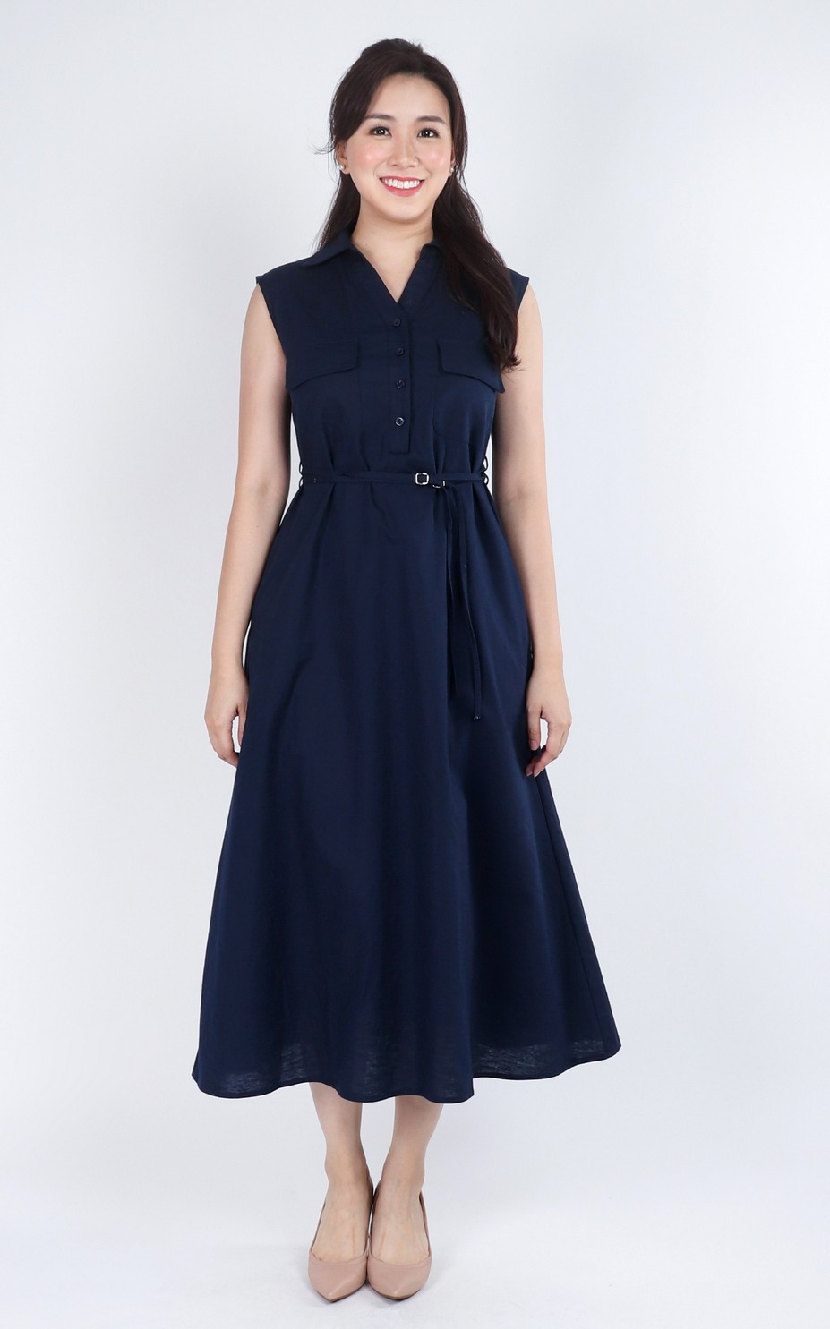 Yunise Linen Utility Midi Dress - Navy