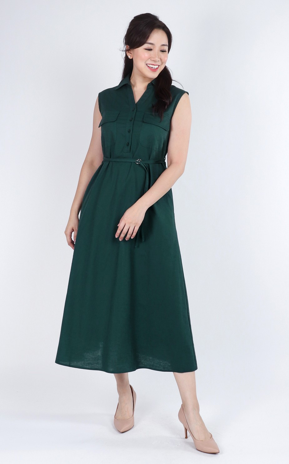 Yunise Linen Utility Midi Dress - Forest Green