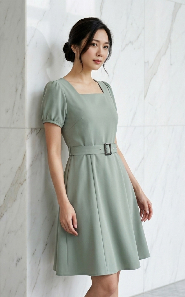 Mariste Belted Puff Sleeve Dress - Sage